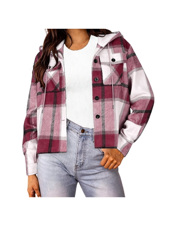 Women's Hooded Plaid Shacket Button Down Pocket Long Sleeve Cropped Plaid Jacket