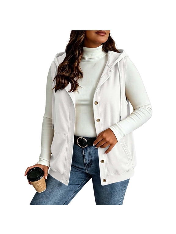 Women's Hooded Vest Sleeveless Drawstring Button Pocket Casual Layering Gilet Sweatshirts