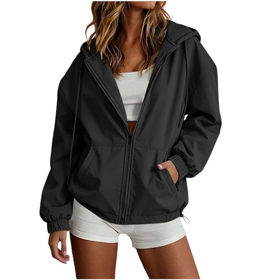 Admvng Women's Hooded Windbreaker Jacket Elastic Cuff Drawstring Hem Lightweight Hooded Coat with Pockets
