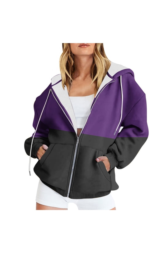 Women's Hoodie Jacket Long Sleeve Drawstring Color Block Zip Up Hooded Sweatshirt with Kangaroo Pockets