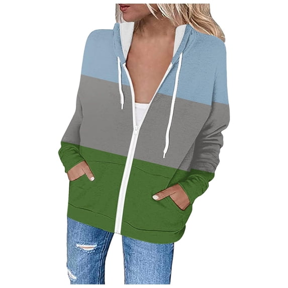 Admvng Women's Hoodie Jacket Zip Up Long Sleeve Kangaroo Pockets Striped Hooded Sweatshirt with Drawstring