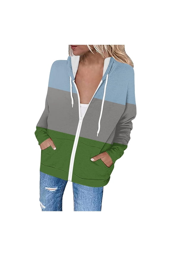 Women's Hoodie Jacket Zip Up Long Sleeve Kangaroo Pockets Striped Hooded Sweatshirt with Drawstring