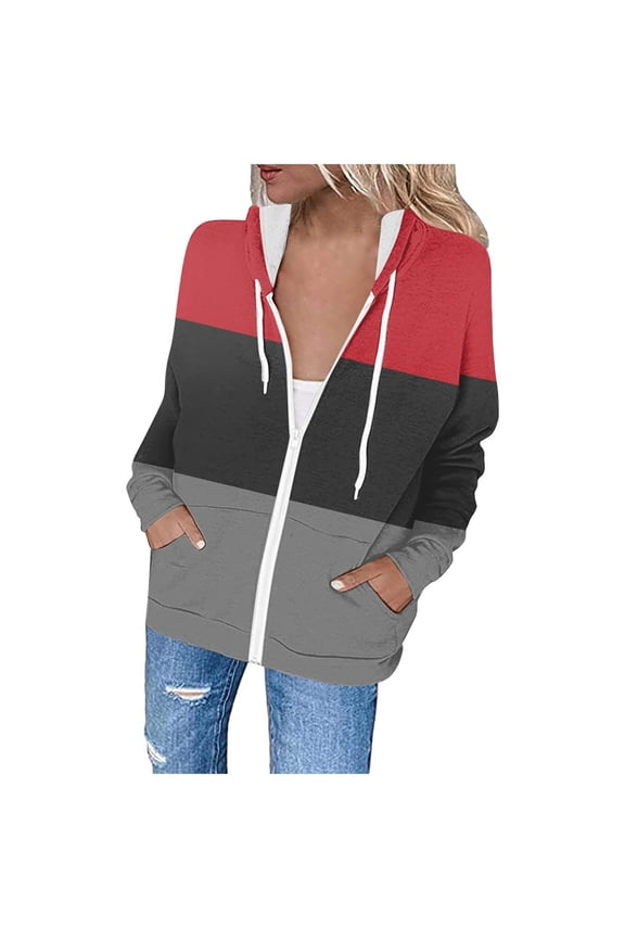 Women's Hoodie Jacket Zip Up Long Sleeve Kangaroo Pockets Striped Hooded Sweatshirt with Drawstring