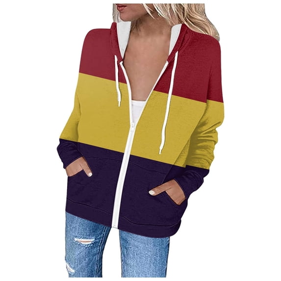 Admvng Women's Hoodie Jacket Zip Up Long Sleeve Kangaroo Pockets Striped Hooded Sweatshirt with Drawstring