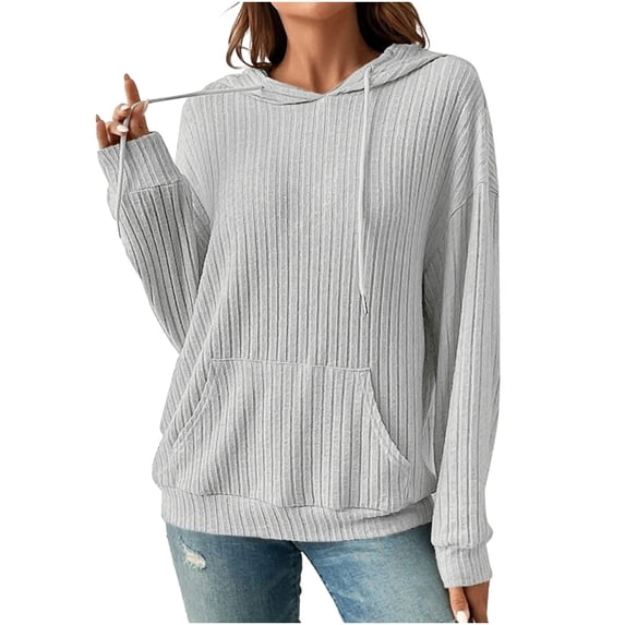 Admvng Women's Hoodie Ribbed Knit Drawstring Hood Kangaroo Pocket Oversized Long Sleeve Solid Casual Pullover Sweatshirt Tops