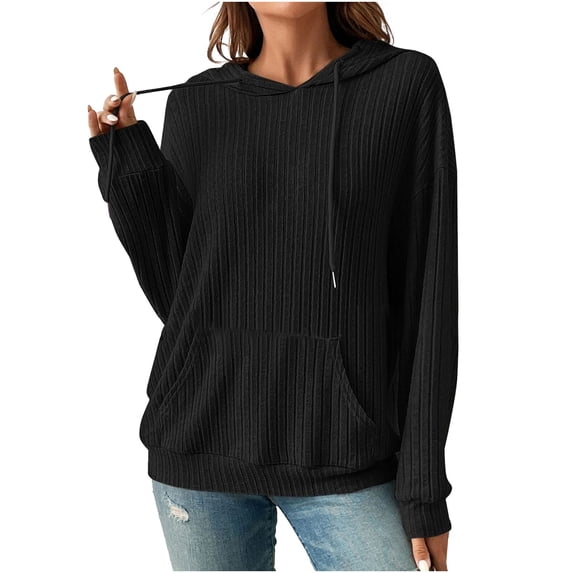 Admvng Women's Hoodie Ribbed Knit Drawstring Hood Kangaroo Pocket Oversized Long Sleeve Solid Casual Pullover Sweatshirt Tops
