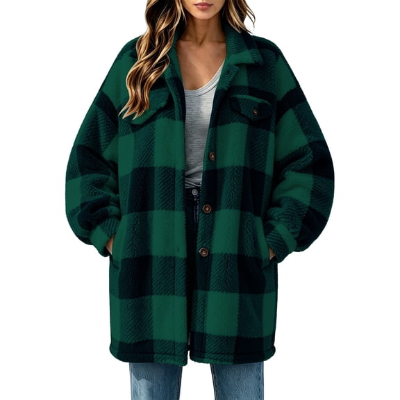 Admvng Women's Jacket Checkered Button-Up Long Sleeve Casual Warm Outerwear Tops