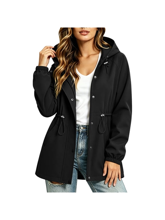 Women's Jacket Drawstring Waist Hooded Windbreaker Soft Pocket Mid-Length Outdoor Coat