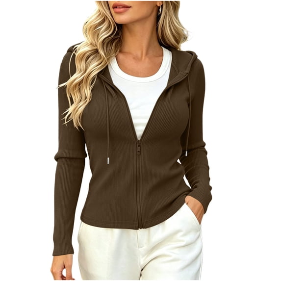 Admvng Women's Jacket Rib Knit Zip Up Hooded Drawstring Hood Pocket Slim Fit Home Wear Outerwear Cropped Knit Sweat Jacket