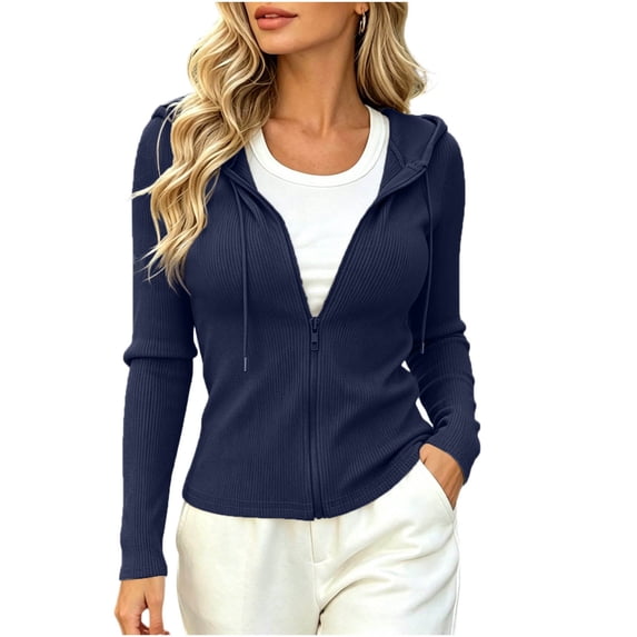 Admvng Women's Jacket Rib Knit Zip Up Hooded Drawstring Hood Pocket Slim Fit Home Wear Outerwear Cropped Knit Sweat Jacket
