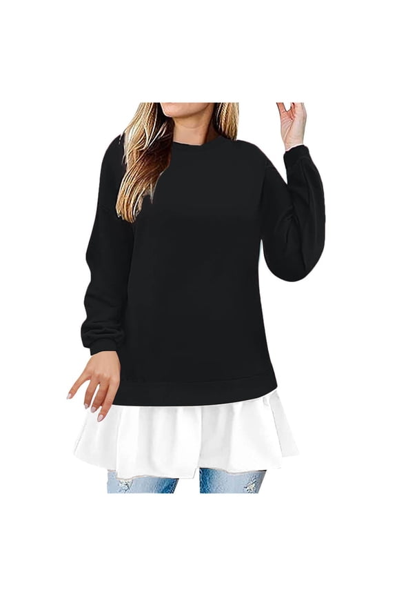 Women's Layered Ruffle Hem Sweatshirt Crew Neck Long Sleeve Pullover Tunic Tops