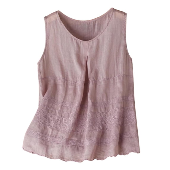 Admvng Women's Linen Boho Embroidered Tank Tops Round Neck Pleated Front Blouses Casual Summer Shirts