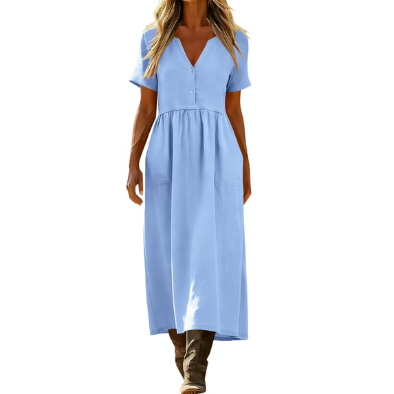 Admvng Women's Linen Dresses Button Short Sleeve V Neck Casual Dress with Pockets