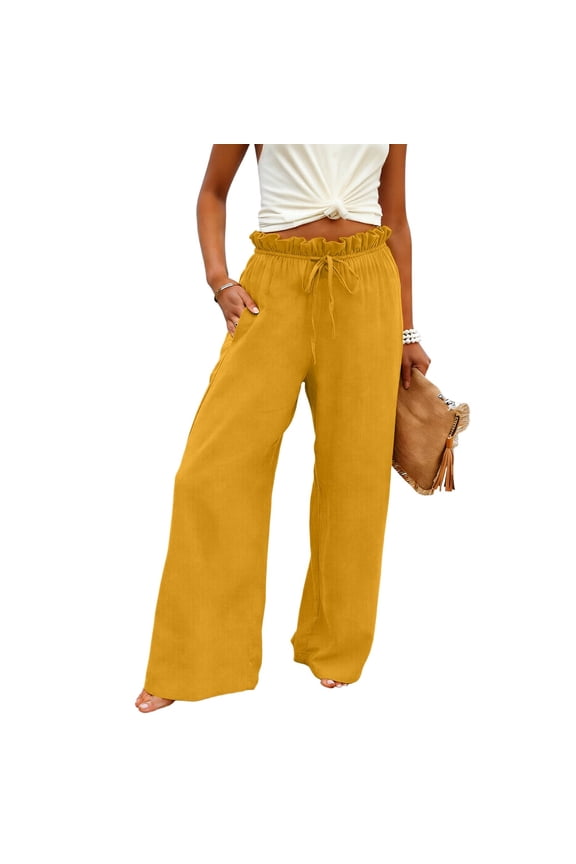 Women's Linen Pants Drawstring Ruffled Paperbag Waist Solid Summer Casual Soft Trousers with Pockets