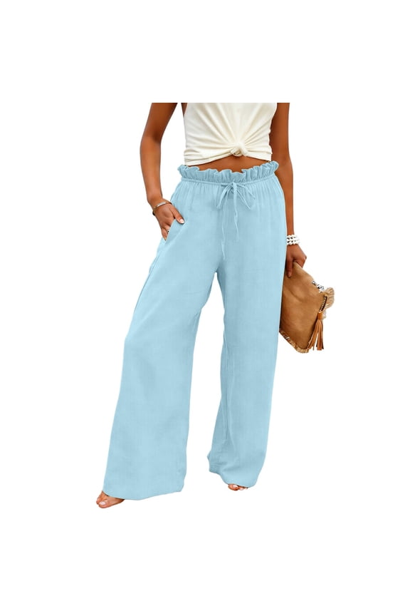 Women's Linen Pants Drawstring Ruffled Paperbag Waist Solid Summer Casual Soft Trousers with Pockets