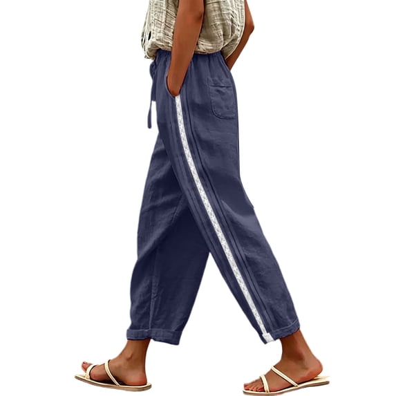 Admvng Women's Linen Pants with Pockets Drawstring Waist Lace Side Stripe Wide Leg Casual Summer Pants