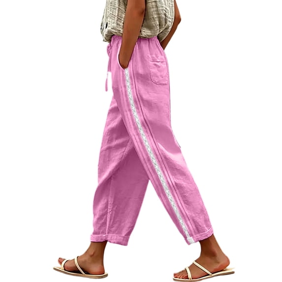 Admvng Women's Linen Pants with Pockets Drawstring Waist Lace Side Stripe Wide Leg Casual Summer Pants