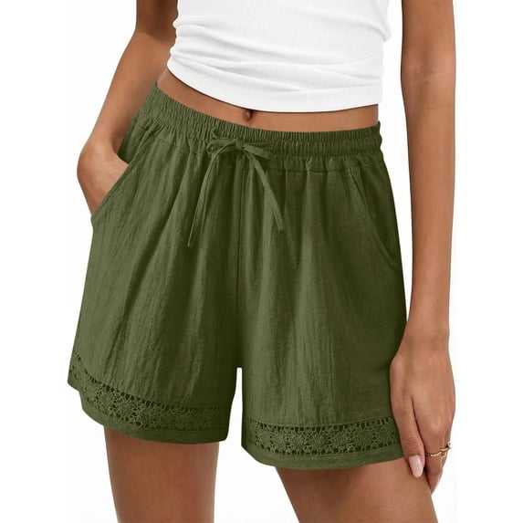 Admvng Women's Linen Shorts Lace Trim Boho Elastic Drawstring Waist Casual Shorts with Pockets