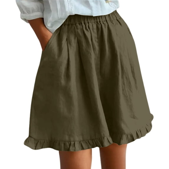 Admvng Women's Linen Shorts Ruffle Hem Loose Elastic High Waist Casual Beach Vacation Shorts