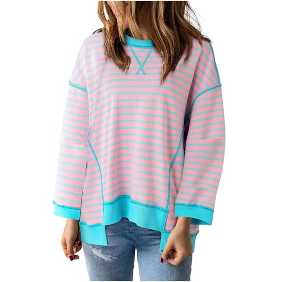 Admvng Women's Long Sleeve Tops Striped Color Block Crew Neck Sweatshirt Casual Pullover Tops