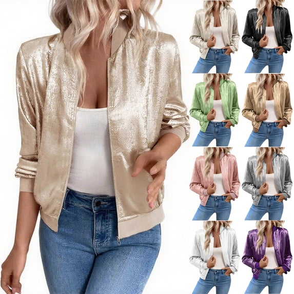 Admvng Women's Metallic Shiny Bomber Jacket Stand Collar Long Sleeve Lightweight Party Club Short Glitter Outerwear