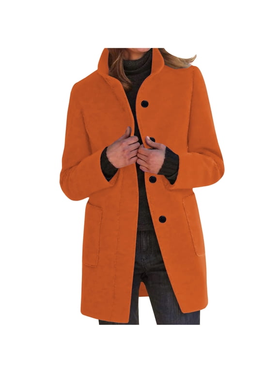 Women's Mid Length Coat Stand Collar Long Sleeve Pocket Slim Fit Fall Winter Business Casual Warm Midi Overcoat
