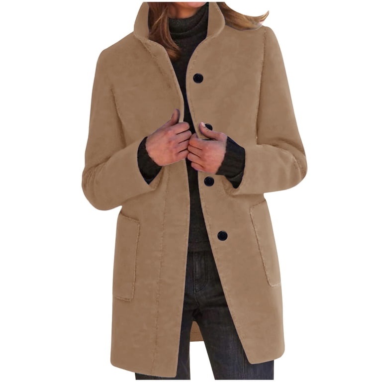 Admvng Women's Mid Length Coat Stand Collar Long Sleeve Pocket