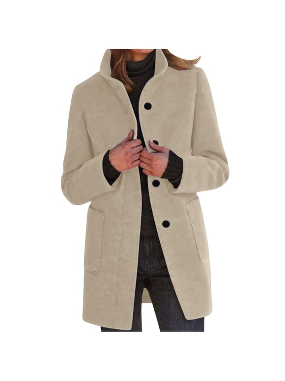Women's Mid Length Coat Stand Collar Long Sleeve Pocket Slim Fit Fall Winter Business Casual Warm Midi Overcoat