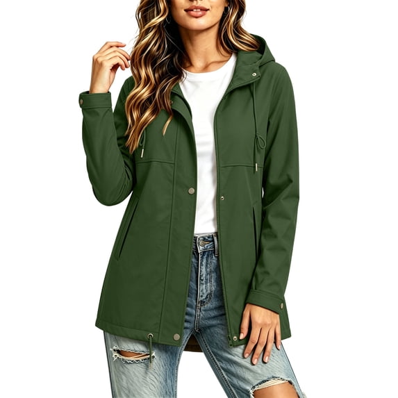Admvng Women's Mid-Length Jacket Hooded Windproof Drawstring Pocket Lightweight Soft Outdoor Casual Coat