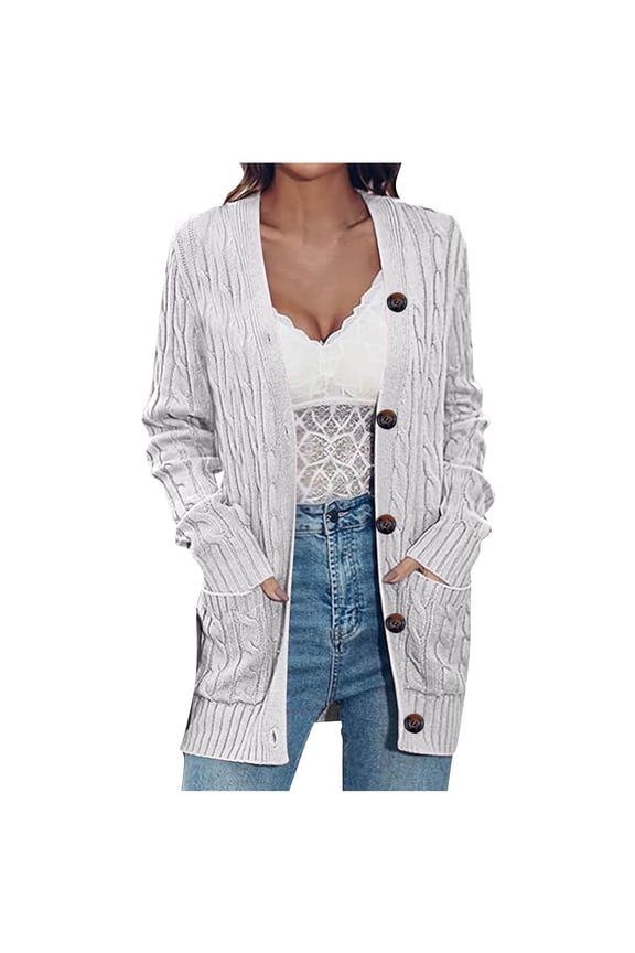 Women's Midi Cardigan with Side Pockets Plus Size V Neck Button Long Sleeve Knit Duster Sweater Cover Up