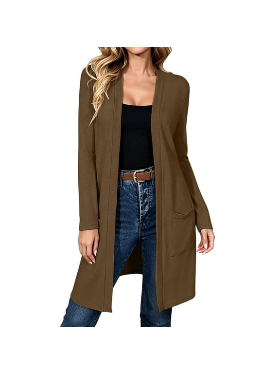 Women's Midi Knit Cardigan Open Front Long Sleeve Side Pocket Lightweight Casual Duster Sweater Jacket