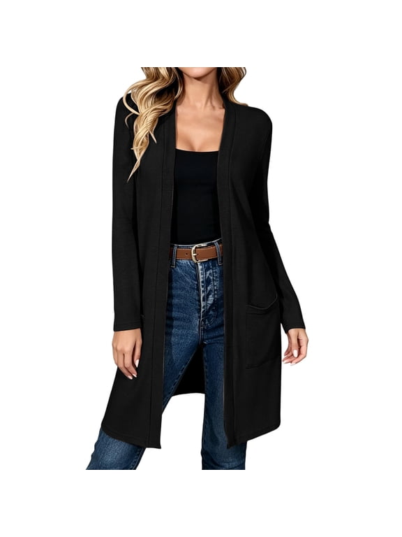 Women's Midi Knit Cardigan Open Front Long Sleeve Side Pocket Lightweight Casual Duster Sweater Jacket