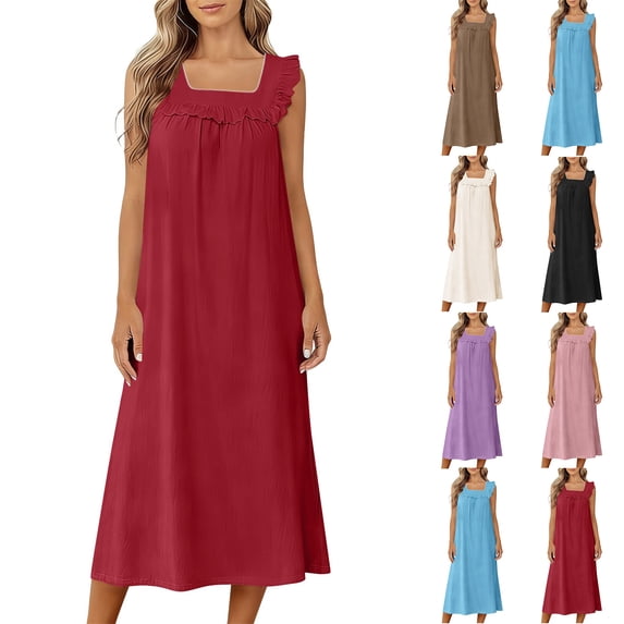 Admvng Women's Nightgown Sleeveless Square Neck Pajama Ruffled Straps Casual Sleep Dress