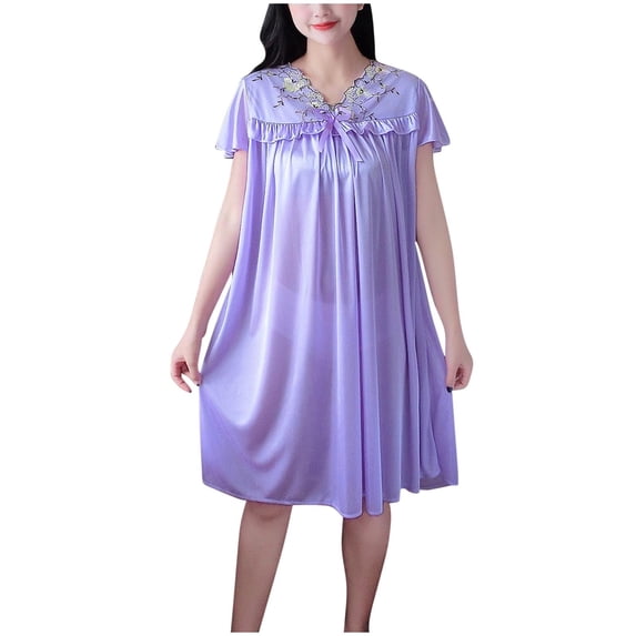 Admvng Women's Nightgowns & Sleepshirts Fashion Summer V-Neck Casual Solid Short Sleeve Sleepshirts Dress Plus Size Dresses