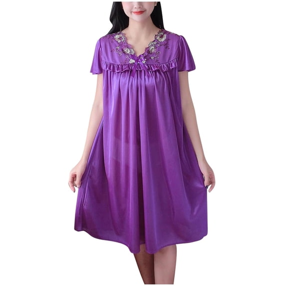 Admvng Women's Nightgowns & Sleepshirts Fashion Summer V-Neck Casual Solid Short Sleeve Sleepshirts Dress Plus Size Dresses