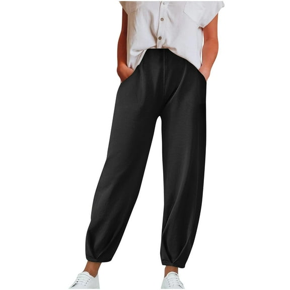 Admvng Women's Pants Comfortable Solid Color High Waisted Drawstring Lounge Loose Jogger Tie Feet Pants S-3XL