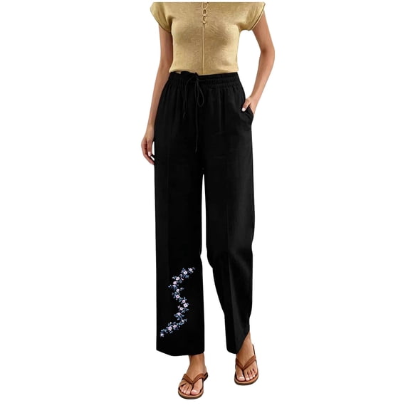 Admvng Women's Pants Floral Embroidered Drawstring Casual Trousers with Pockets