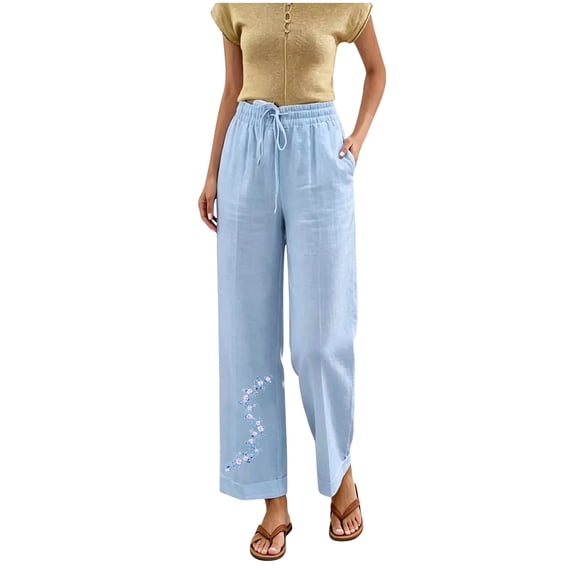 Admvng Women's Pants Floral Embroidered Drawstring Casual Trousers with Pockets