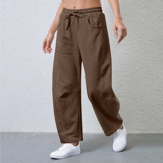 Admvng Women's Pants Solid Barrel Wide Leg Sweatpant Drawstring Elastic Waisted Wide Leg Pants Casual Baggy Sweatpants with Pockets S-2XL