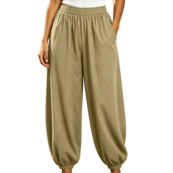 Admvng Women's Pants with Pockets Solid Wide Leg Elastic Waist Casual Jogger Pants Full Length Pants