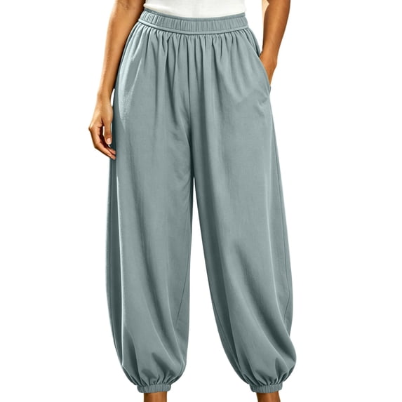 Admvng Women's Pants with Pockets Solid Wide Leg Elastic Waist Casual Jogger Pants Full Length Pants