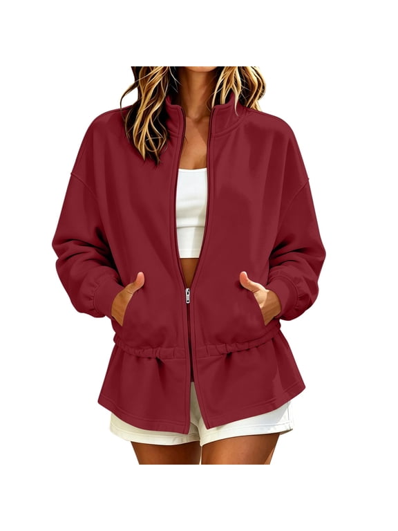 Women's Peplum Sweatshirt Jacket Stand Collar Zip Up Drawstring Waist Rib Cuff Pocket Loose Short Coat