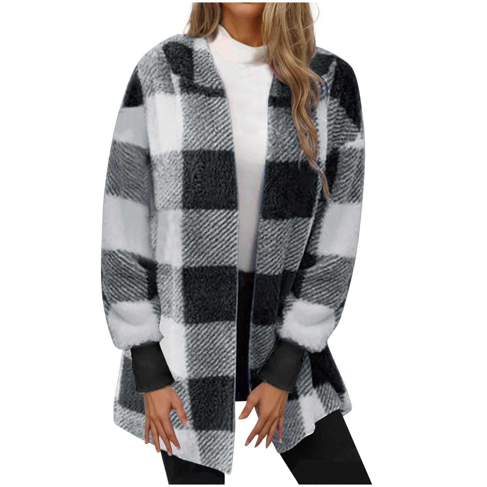 Admvng Women's Plaid Fuzzy Fleece Cardigan Long Sleeve Mid Length Fall ...