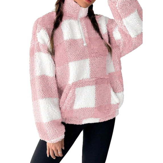 Admvng Women's Plaid Half-Zip Pullover Long Sleeve Cold Weather Fleece Sweatshirt with Pocket
