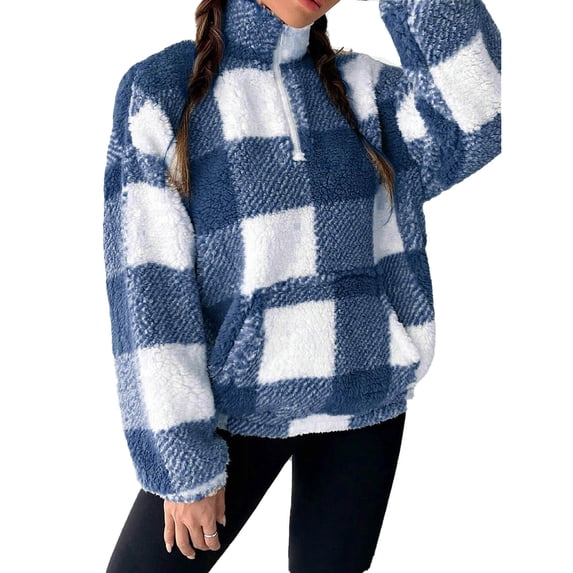 Admvng Women's Plaid Half-Zip Pullover Long Sleeve Cold Weather Fleece Sweatshirt with Pocket