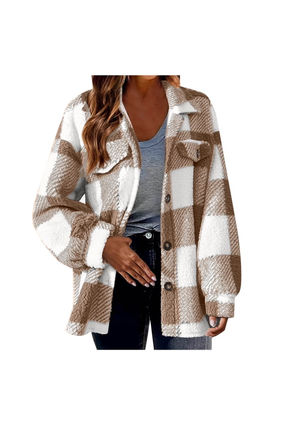 Women's Plaid Shacket Jacket Plus Size Button Down Lapel CollarLong Sleeve Fall Winter Fuzzy Fleece Flannel Teddy Coat with Pockets