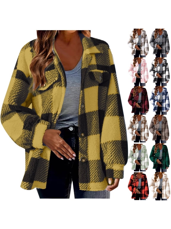 Women's Plaid Shacket Jacket Plus Size Button Down Lapel CollarLong Sleeve Fall Winter Fuzzy Fleece Flannel Teddy Coat with Pockets