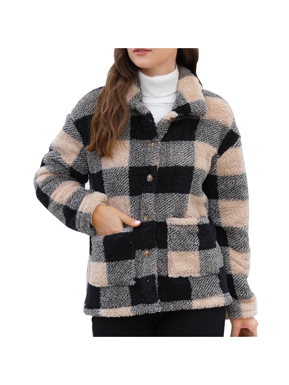 Women's Plaid Sherpa Fleece Shacket Jacket Button Down Long Sleeve Fall Winter Casual Warm Teddy Coat with Pockets