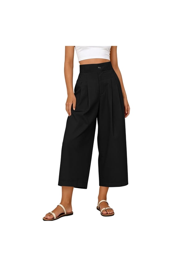 Women's Pleated Culotte Pants High Waist Cropped Wide Leg Button Closure Trousers