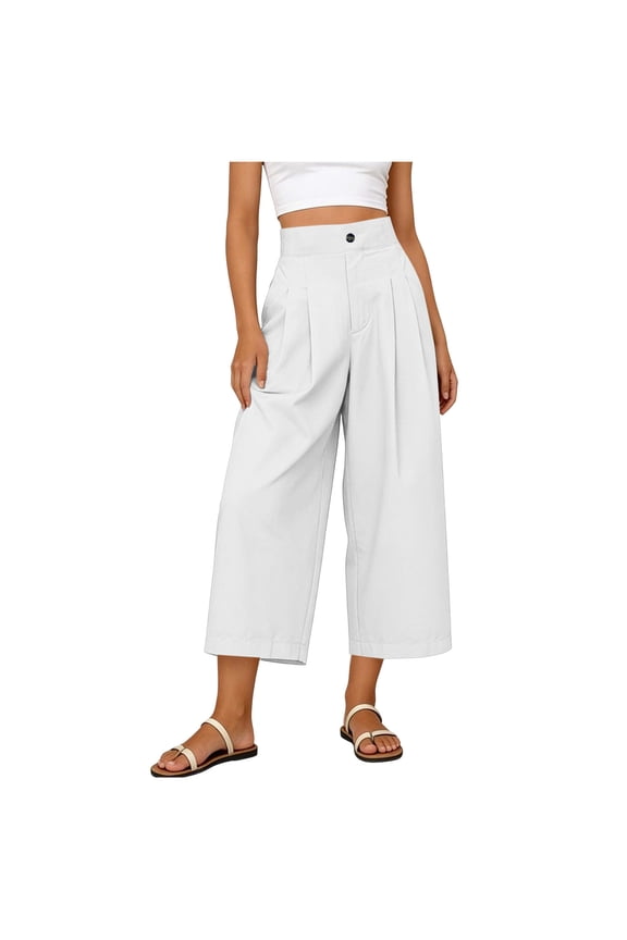 Women's Pleated Culotte Pants High Waist Cropped Wide Leg Button Closure Trousers